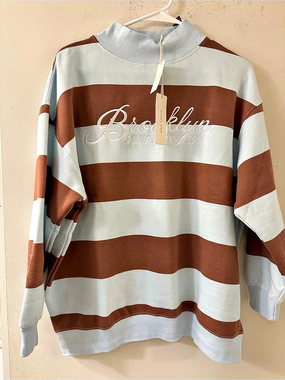 NWT Altard State Brooklyn Striped Mock Neck Sweatshirt in Brown & Blue Size XS